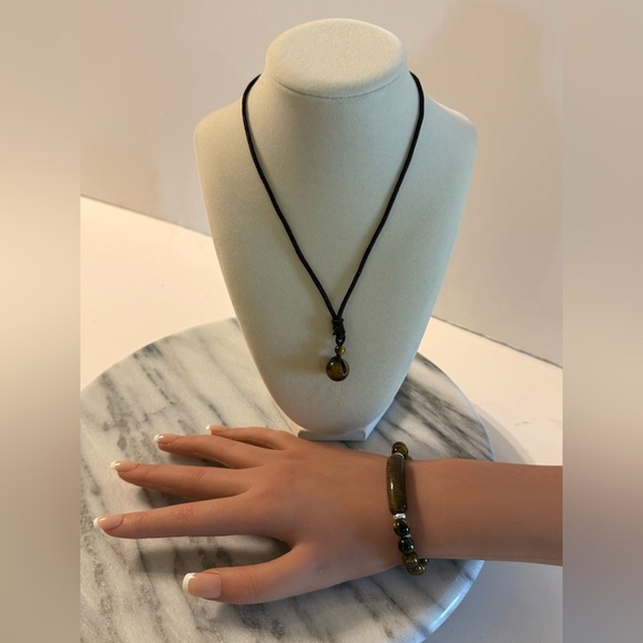NWOT Round Natural Tiger Eye Stone Adjustable Necklace & Bracelet 8m 2 Piece Set - Picture 10 of 11